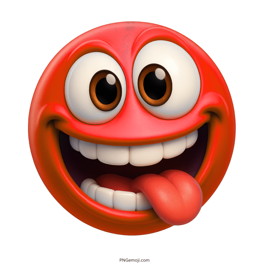 Red 3D emoji with silly face, big eyes, and tongue playfully sticking out