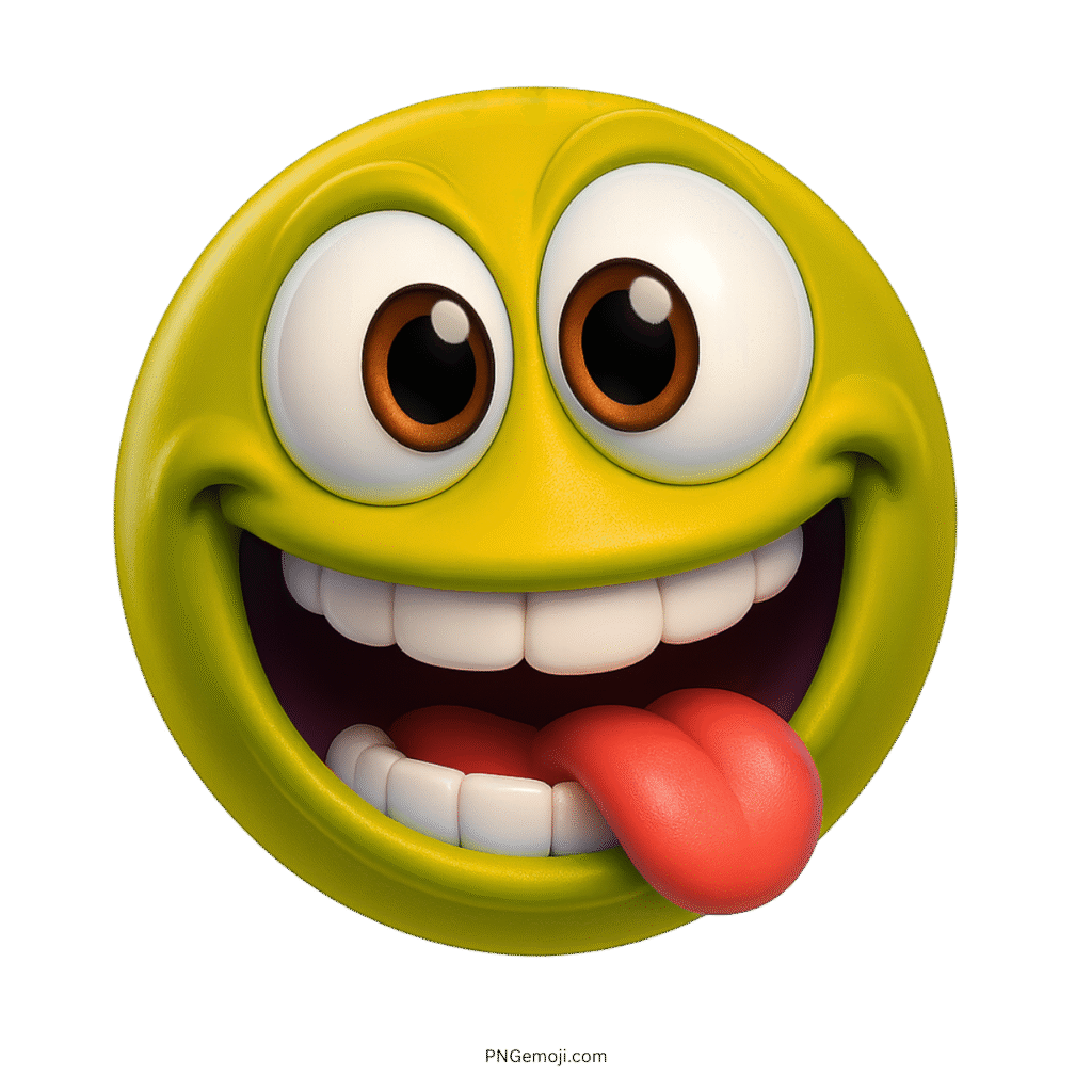 3D yellow emoji with wide smile, big eyes, and tongue sticking out playfully