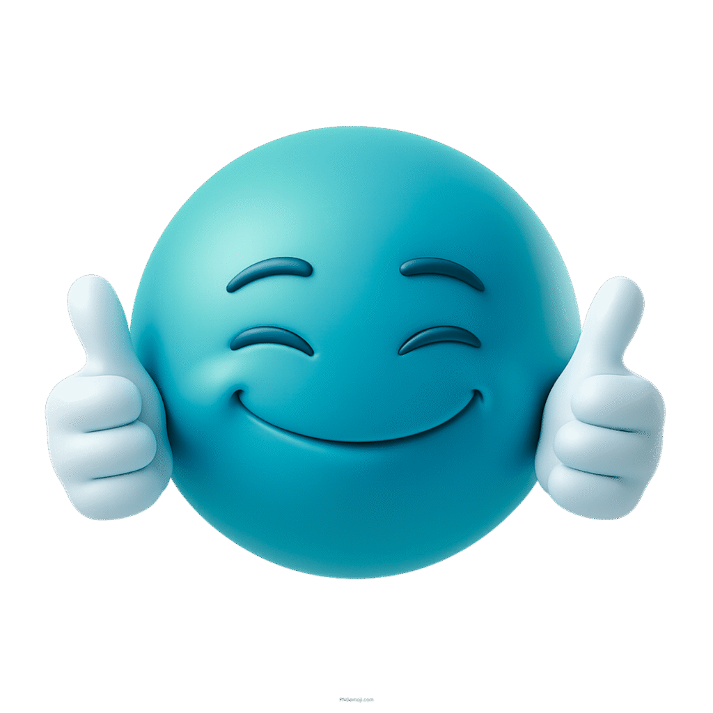 Smiling blue emoji with thumbs up offering a virtual hug with joy