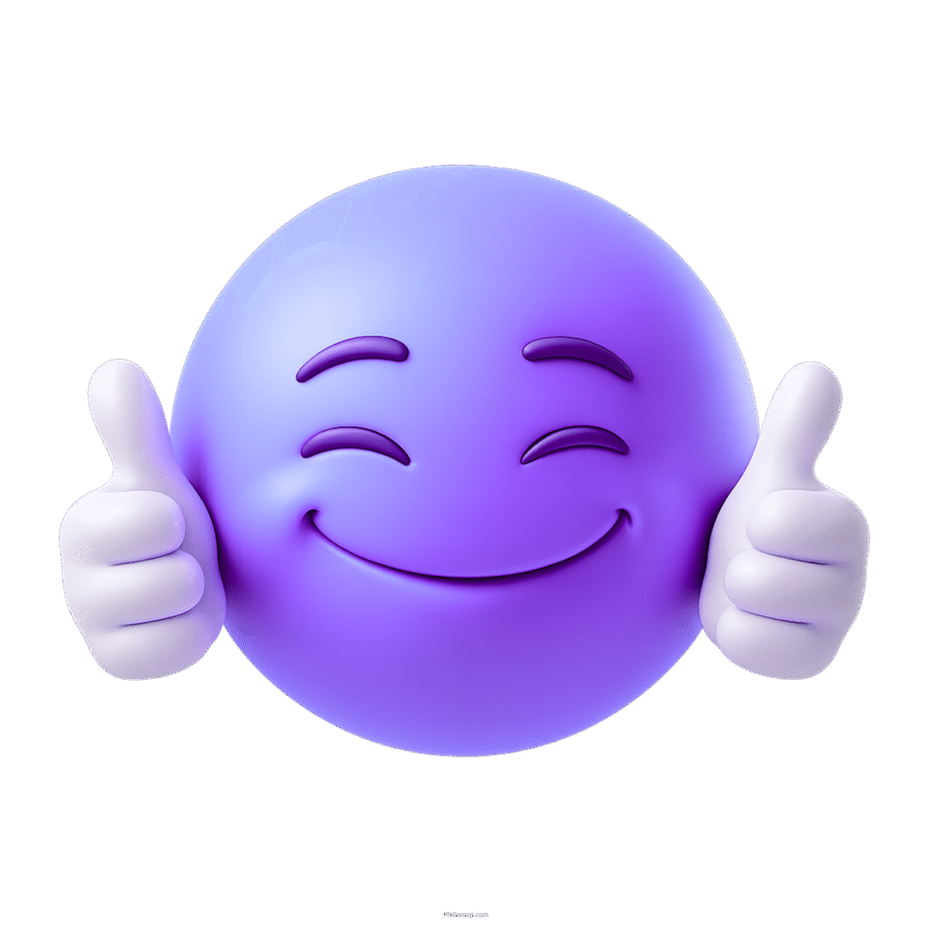 Purple emoji smiling warmly with two thumbs up asking for a cheerful hug