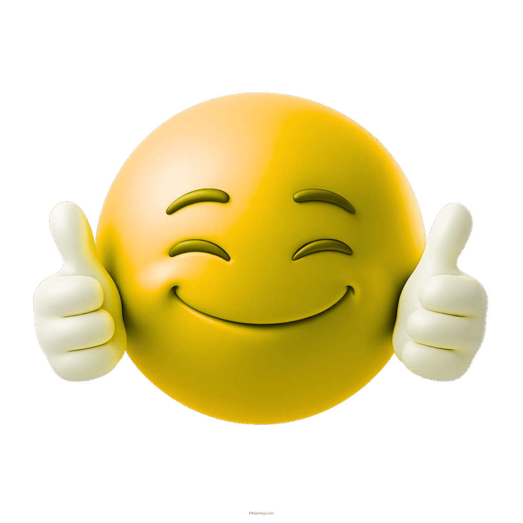Smiling yellow 3D emoji with double thumbs up hug gesture