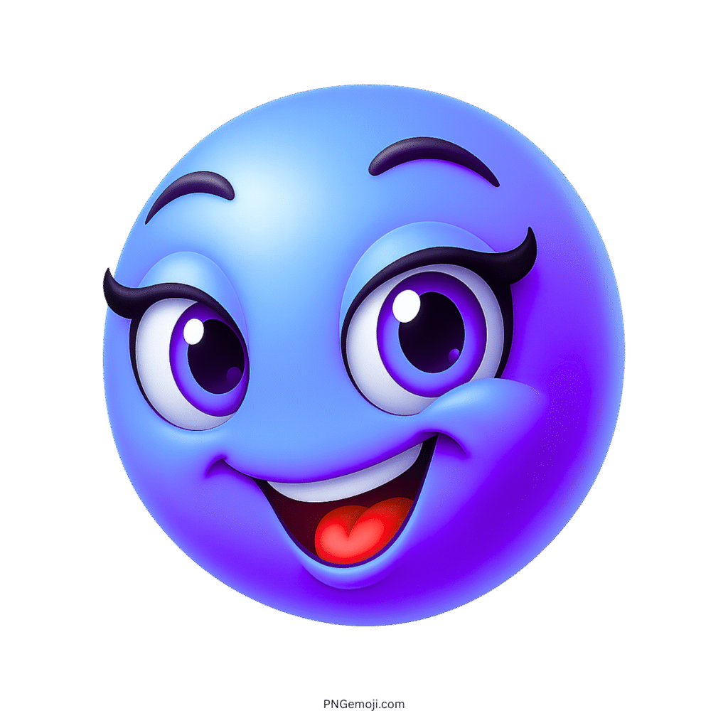 Glossy purple blue emoji with big eyes, long lashes, wide happy smile and shiny cute look