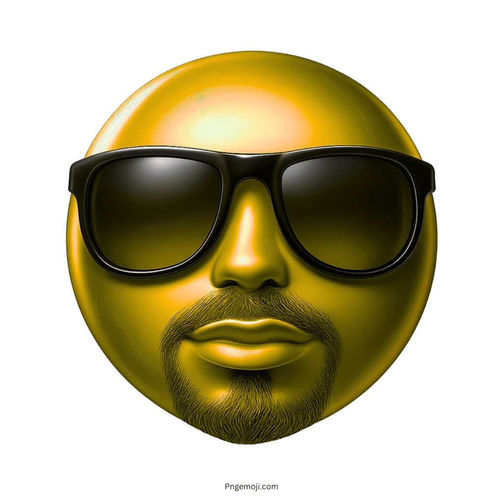 Shiny gold 3D emoji with beard and black sunglasses, confident luxury expression
