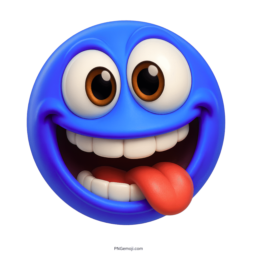 3D goofy blue emoji face with big eyes, smiling wide and sticking tongue out