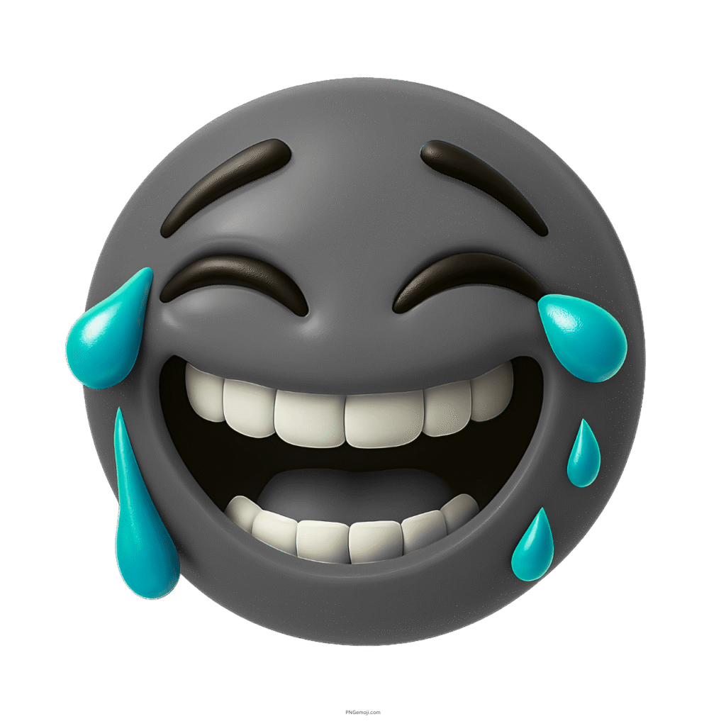 3D gray emoji laughing with joyful tears and a wide happy expression