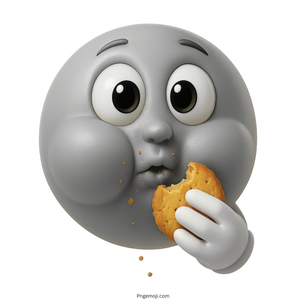 Gray emoji face with stuffed cheeks and cookie crumbs, caught mid-bite