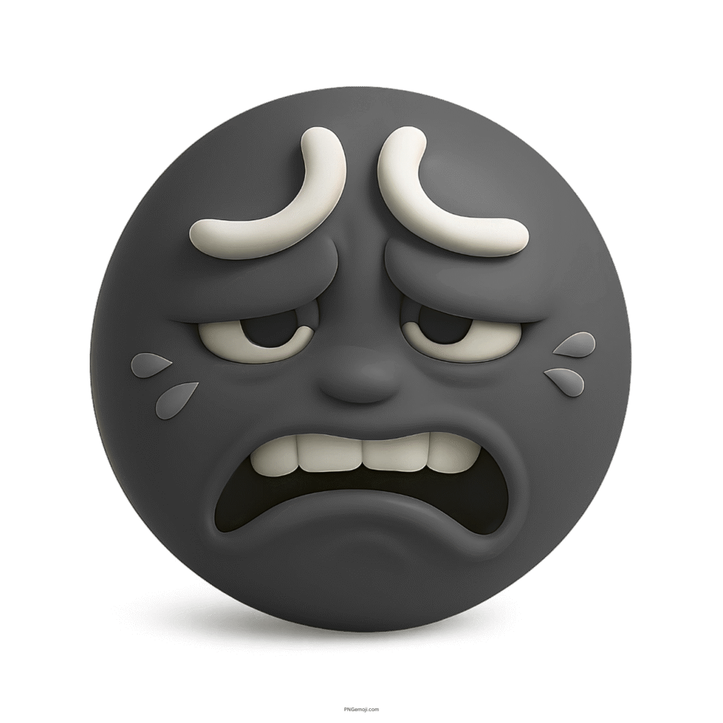 Monochrome 3D emoji showing disgust with teardrops and furrowed brows