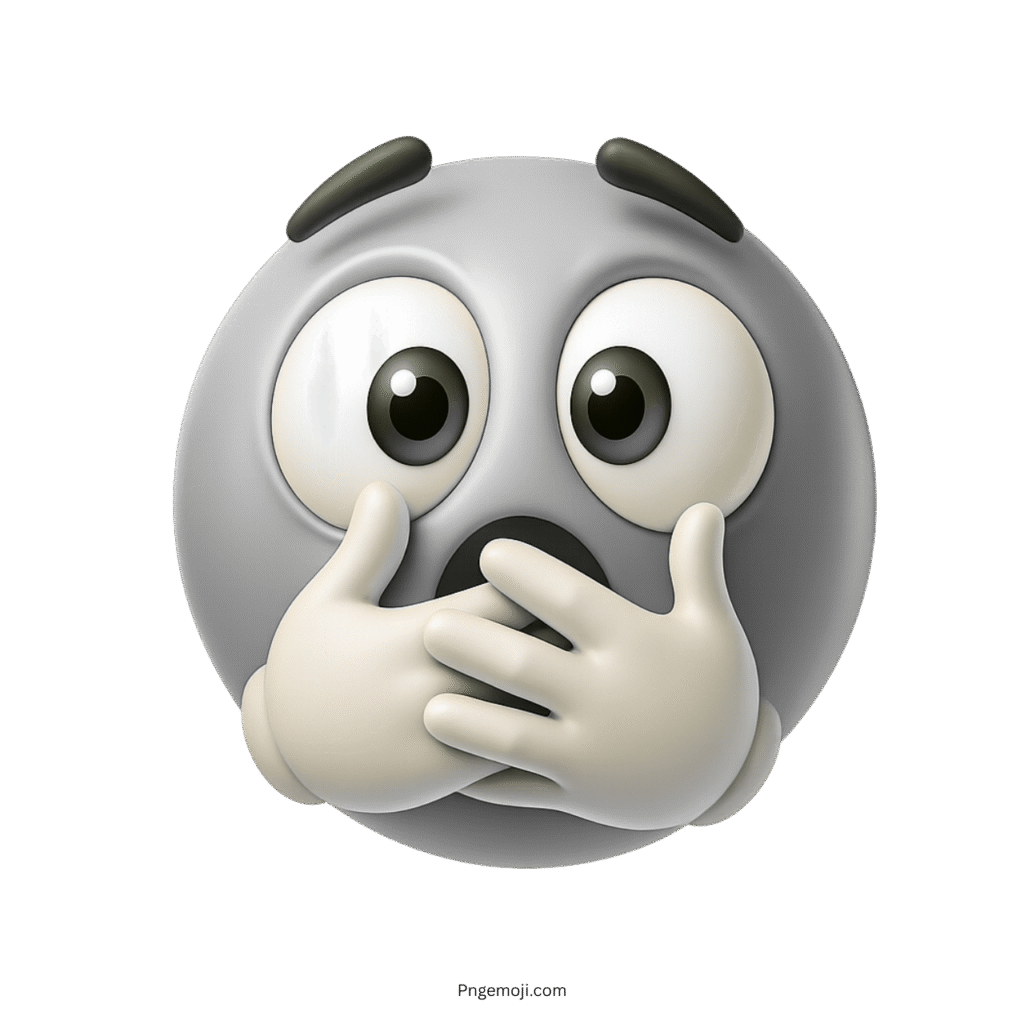 3D gray emoji with wide shocked eyes and hands covering open mouth