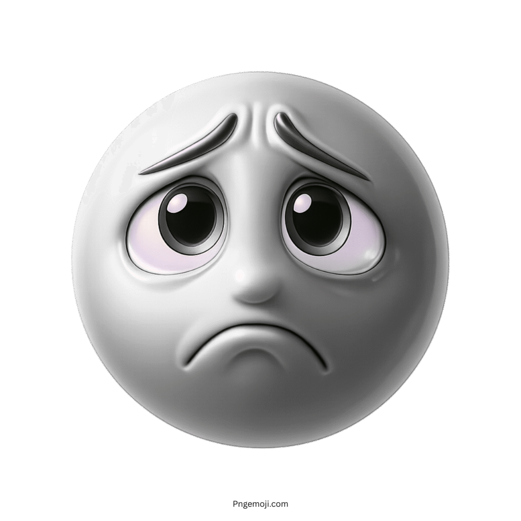 3D gray sad emoji with teary eyes and emotional, disappointed facial expression