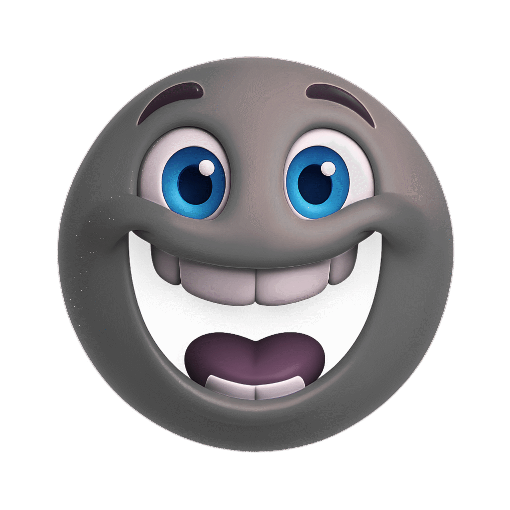 3D gray emoji cartoon face with big smile, blue eyes, and funny expression