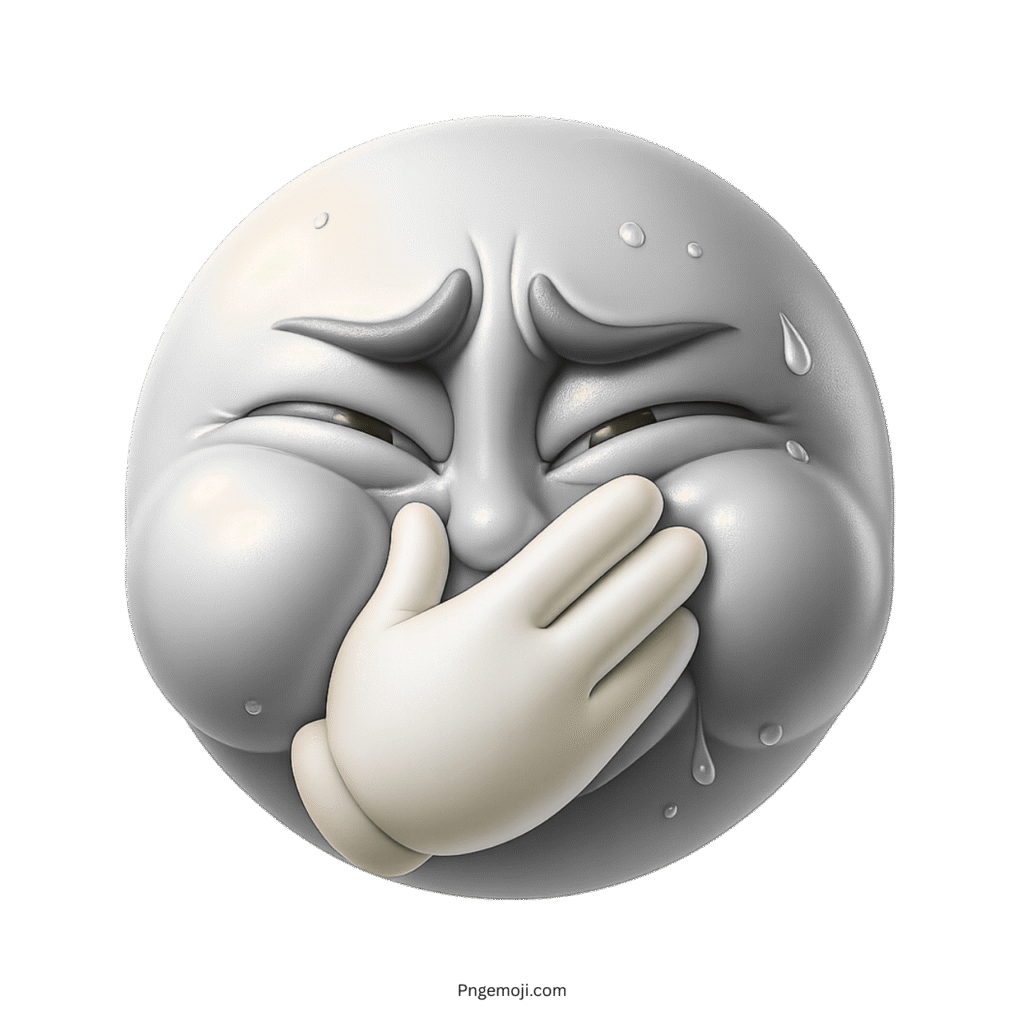Gray emoji with puffed cheeks and hand over mouth, holding back to vomit.
