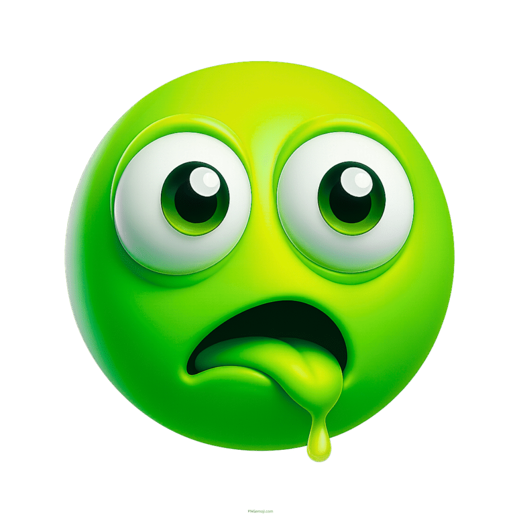 Green 3D drooling emoji with big eyes and tongue dripping with saliva