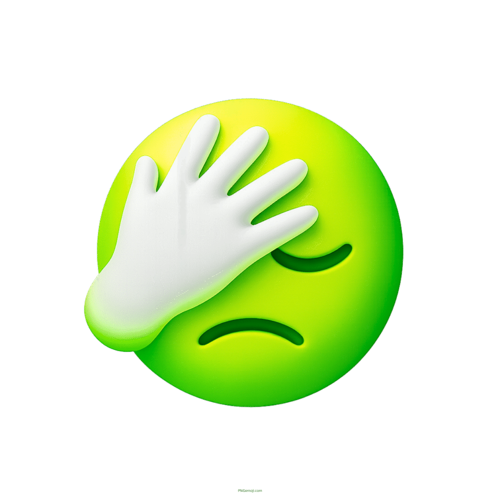 Green 3D facepalm emoji with white hand showing sadness and frustration

✅ Title (5–10 words):
Green 3D Facepalm Emoji Frustrated Reaction









Green 3D facepalm emoji with white hand showing sadness and frustration