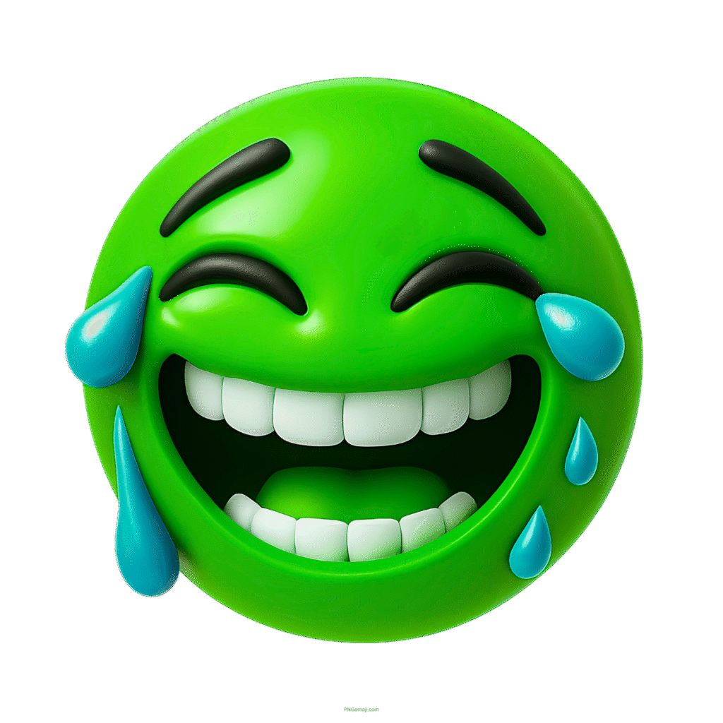 3D green emoji face laughing with tears of joy and wide smile