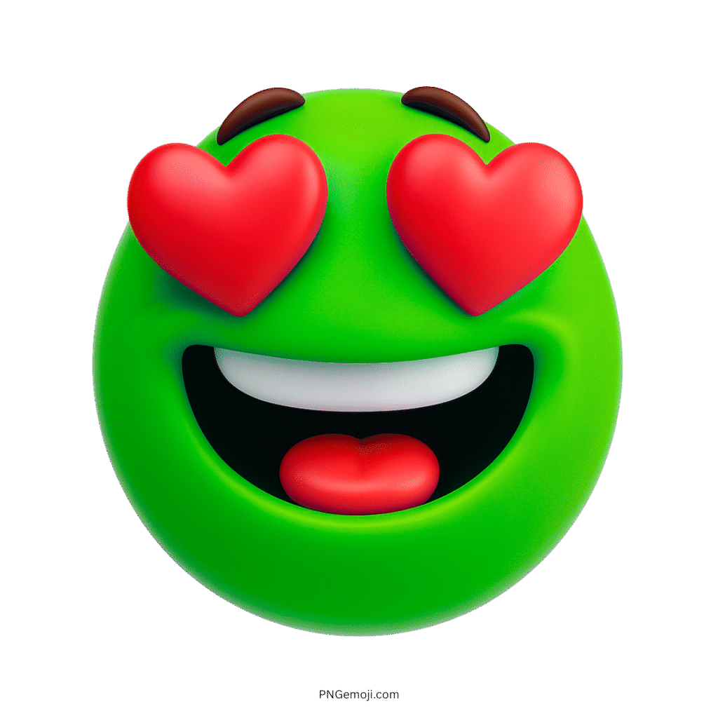 Green 3D emoji with red heart eyes and smiling romantic expression