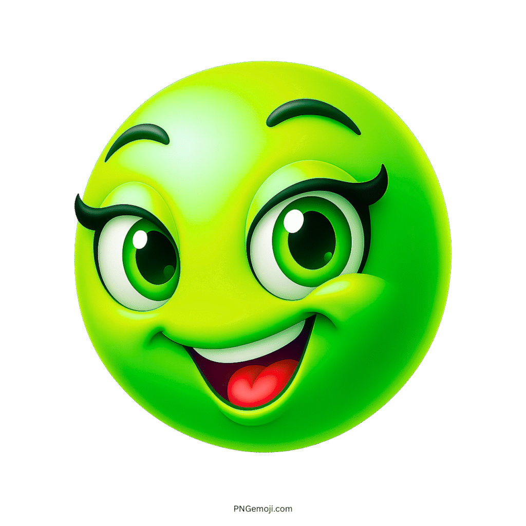 Green 3D emoji face with big cute eyes and a joyful bright smile