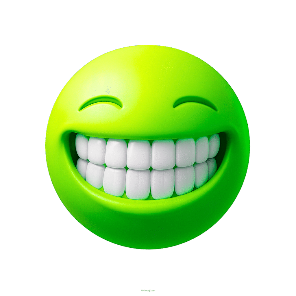Bright green 3D smiley emoji with white teeth and joyful closed eyes expression