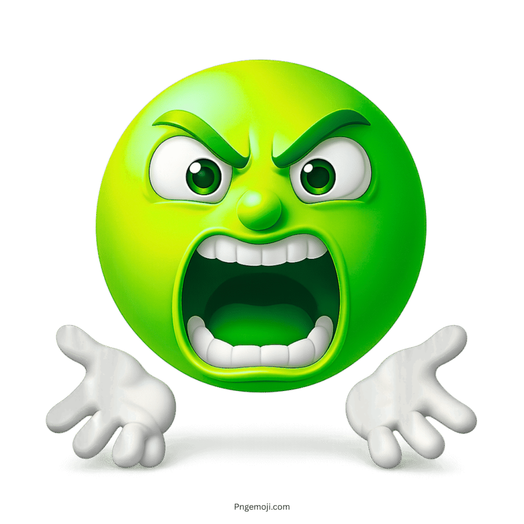 Green emoji shouting angrily with open mouth and expressive white cartoon hands