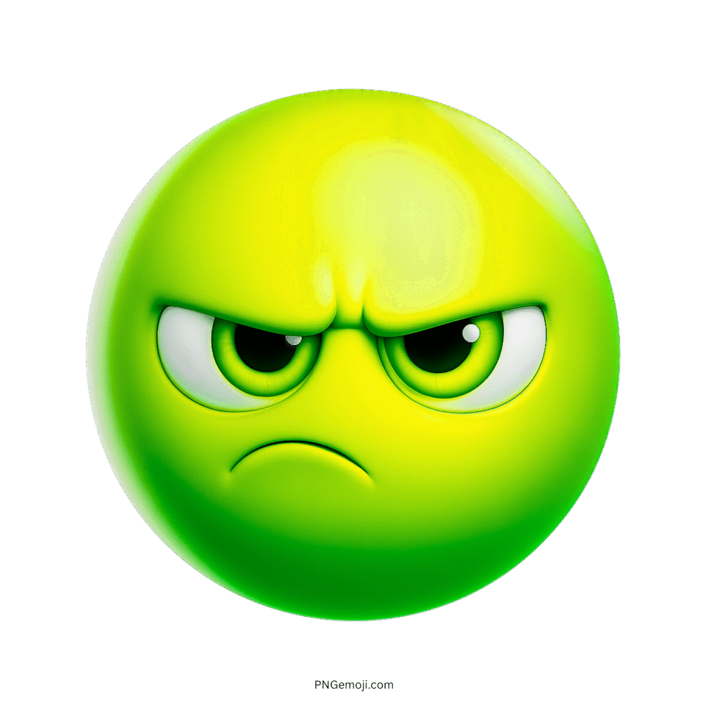3D green emoji with angry facial expression, frowning eyes and bold tone