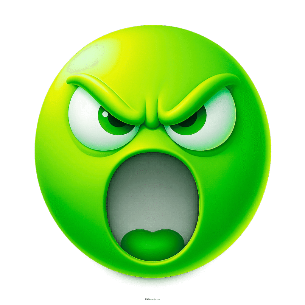 Green furious emoji with wide open mouth and intense angry expression