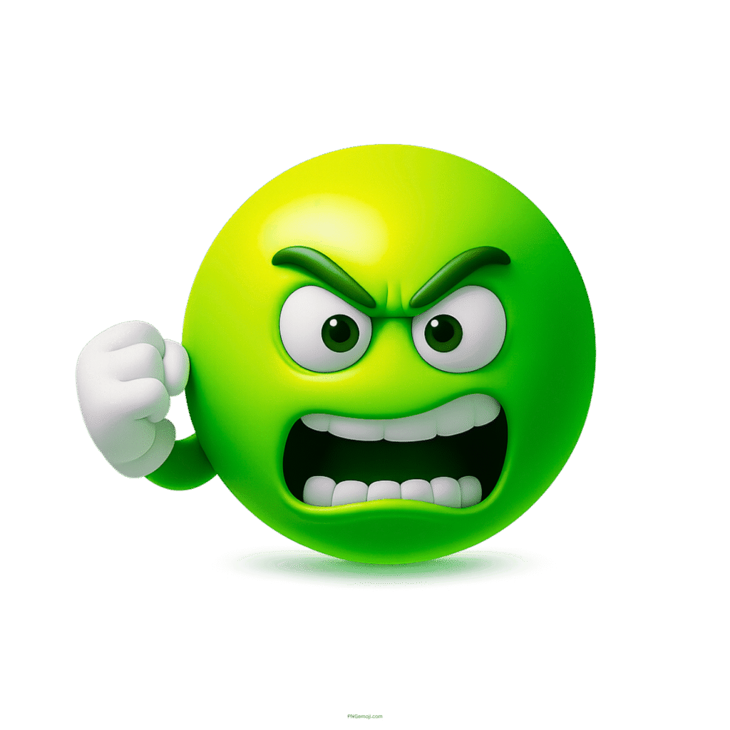 3D green emoji angrily shaking fist with intense cartoon-style facial expression