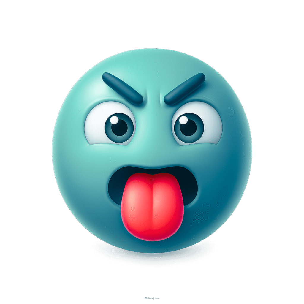 3D green-blue emoji showing angry face and sticking tongue out in frustration