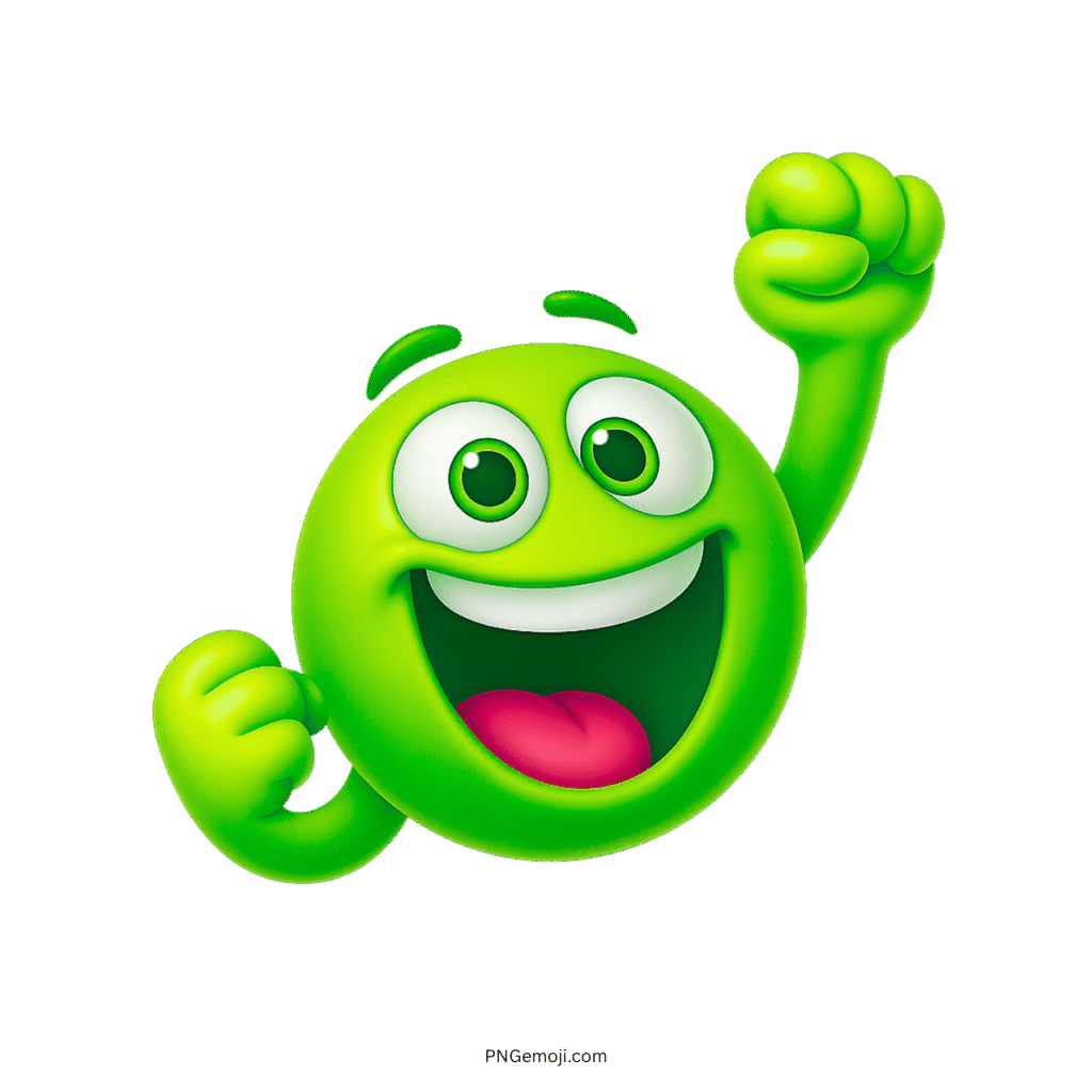 3D green cheering emoji with excited smile and fists raised in celebration