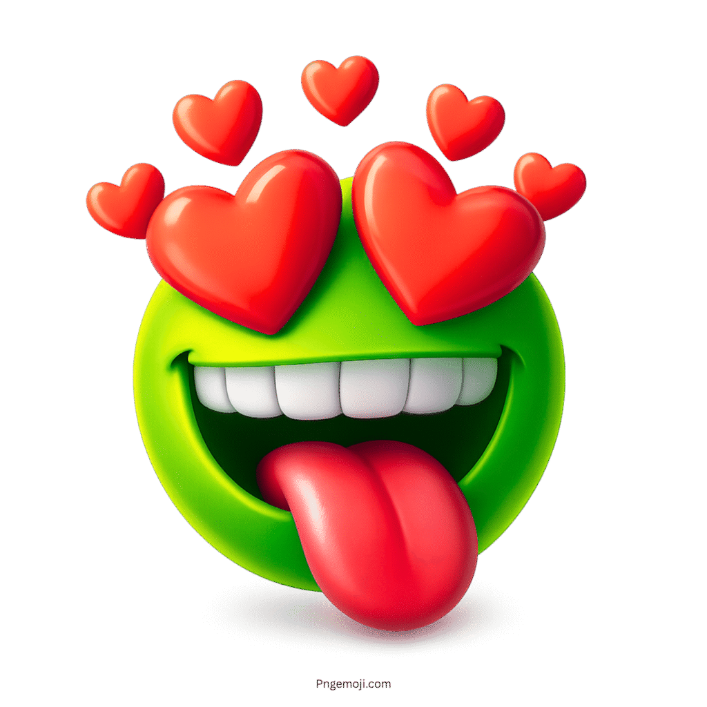 Green 3D emoji with red heart eyes and tongue out showing playful crazy love emotion
