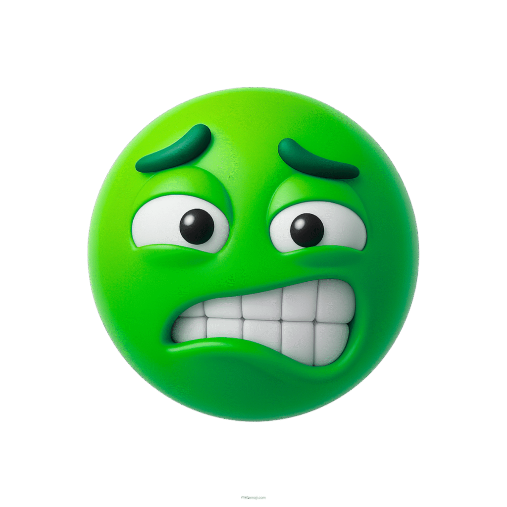 Green cringed emoji with tense teeth and raised brows in 3D style.