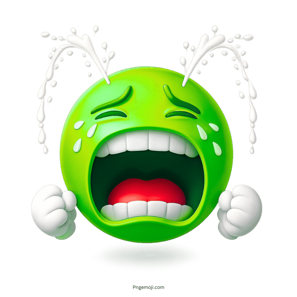 Green 3D emoji crying fountains of tears with clenched fists, emotional face expression