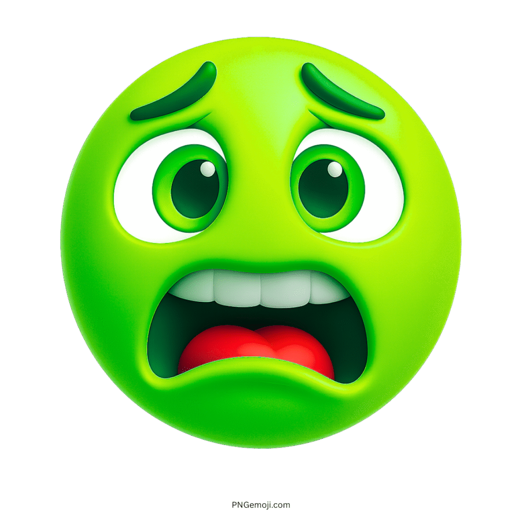 Green scared eek emoji with wide eyes, arched eyebrows, and open mouth