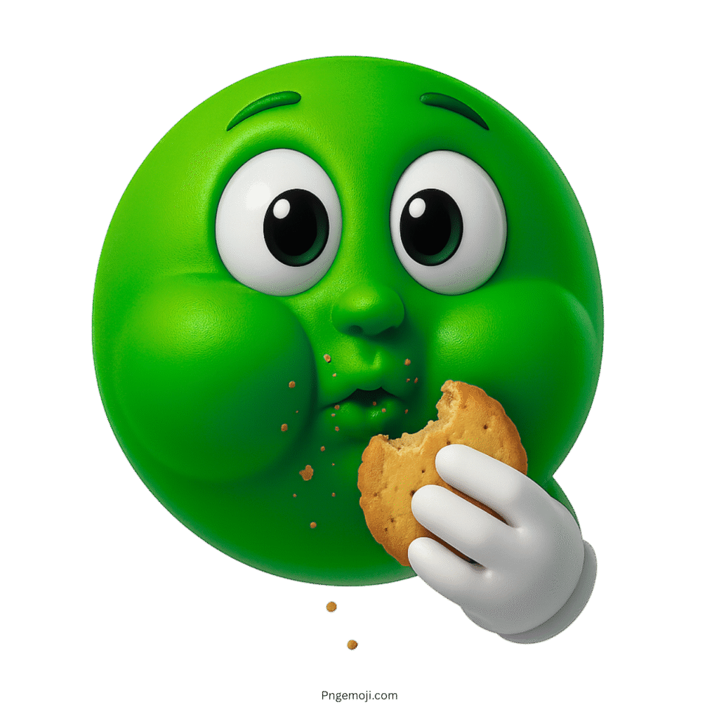 Adorable green 3D emoji eating cookie with crumbs and big round eyes