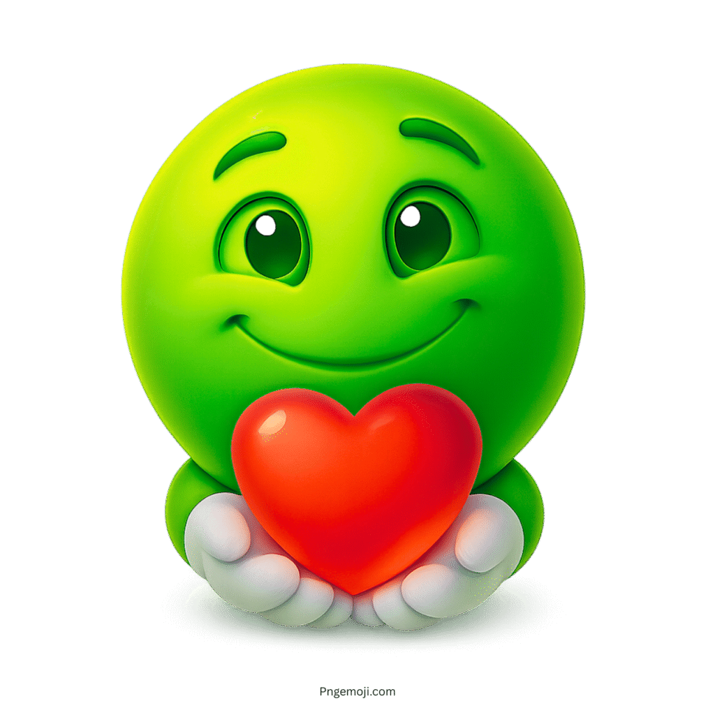 Green smiling emoji holding red heart with love and kindness expression