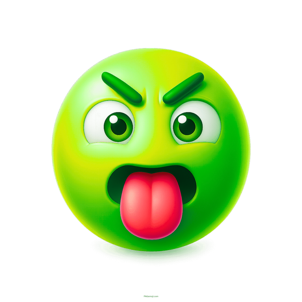 3D green emoji with tongue out and angry raised eyebrows cartoon face