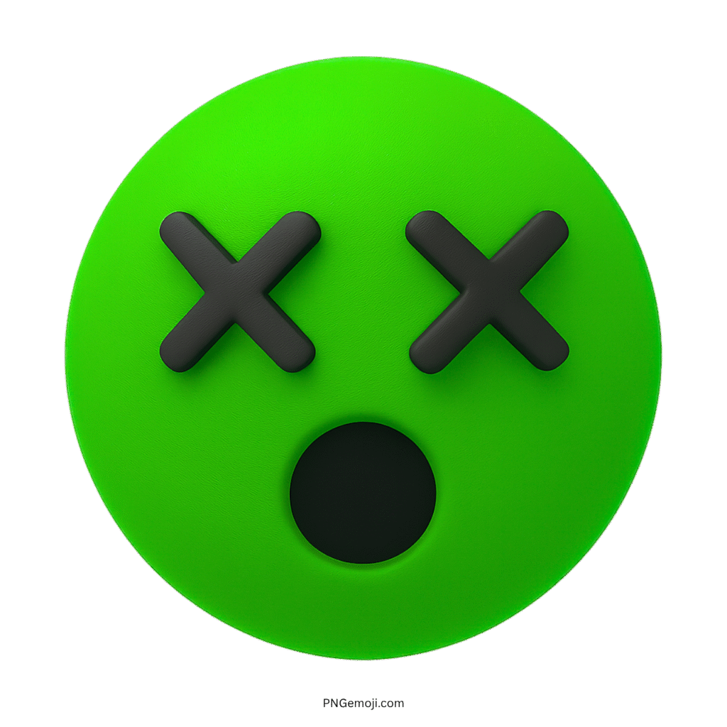 3D green hushed face emoji with X eyes and open mouth expression