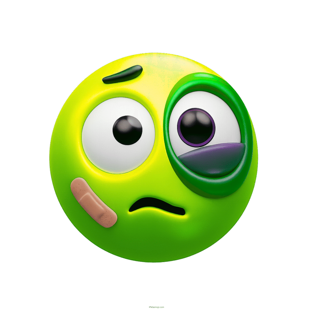 3D green emoji with bruised eye, sad mouth, and adhesive bandage on cheek