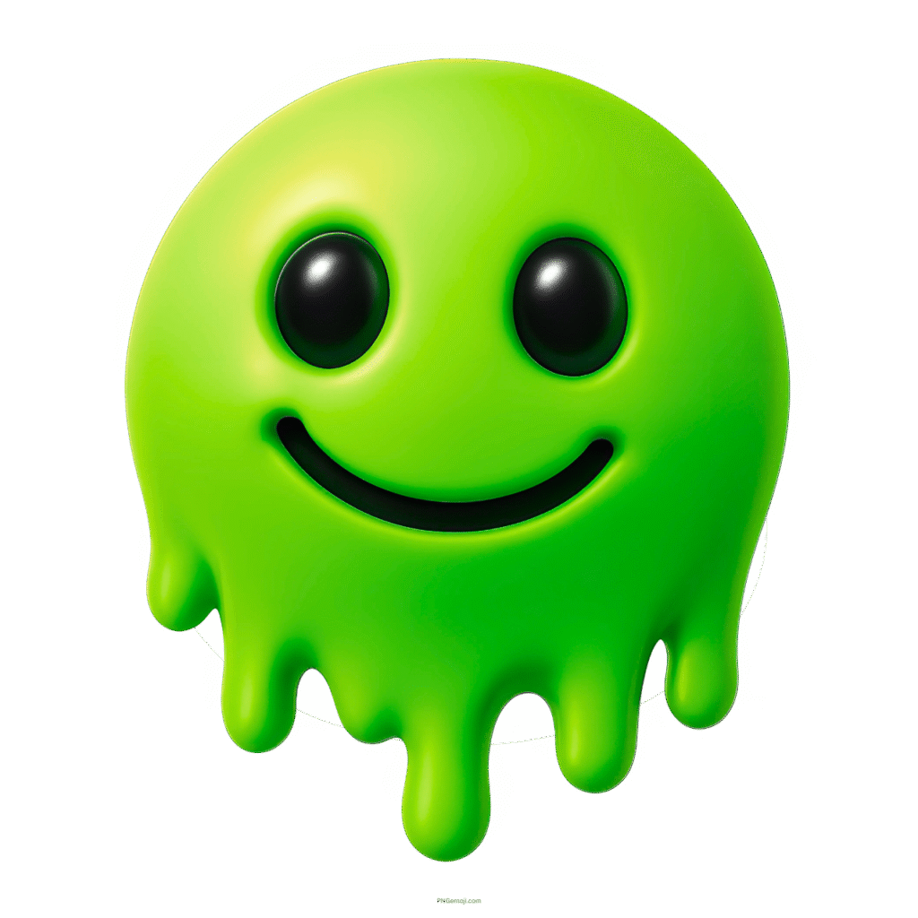 3D green melting smiley emoji with black eyes and gooey dripping effect