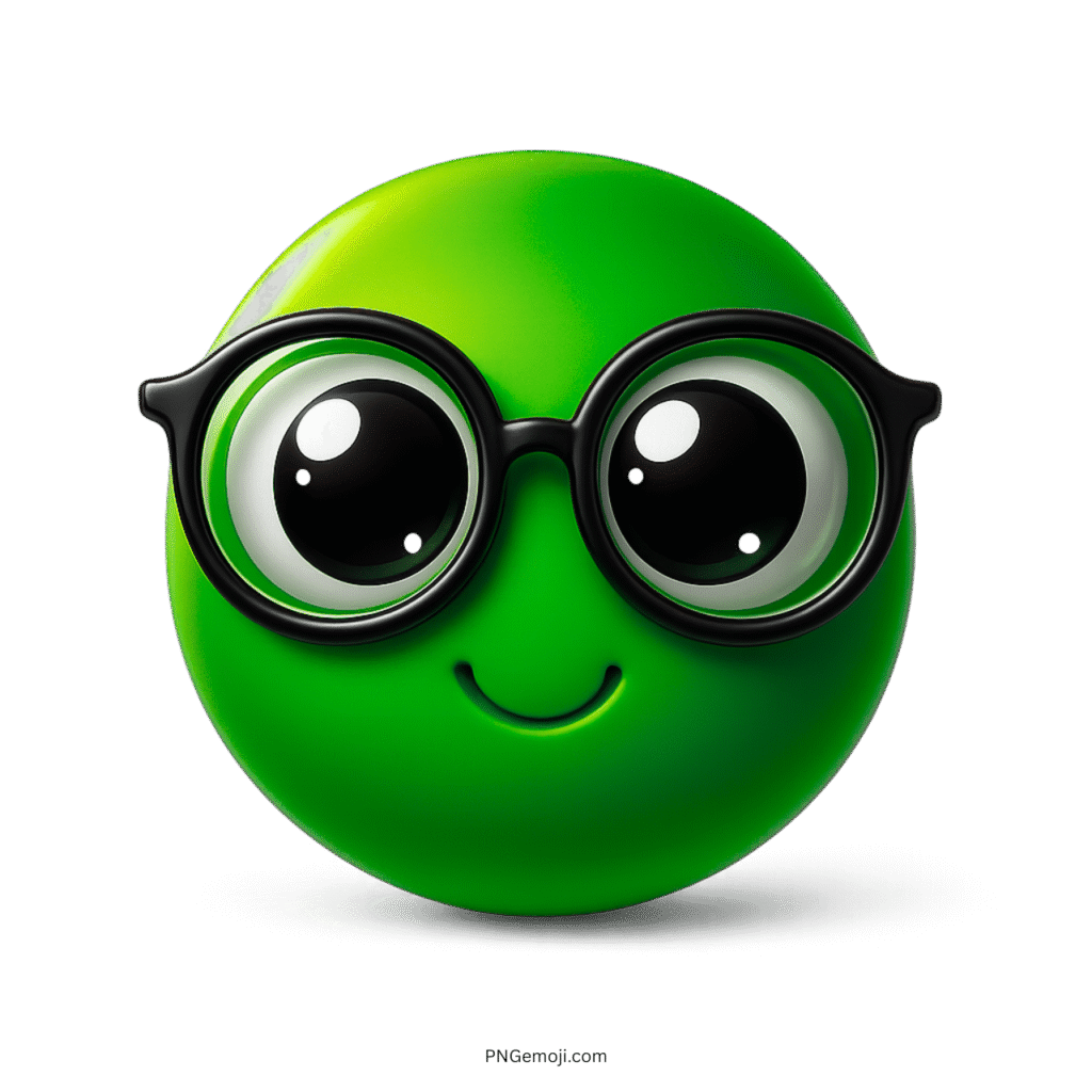 Green emoji face with nerd glasses and cute large cartoon-style eyes