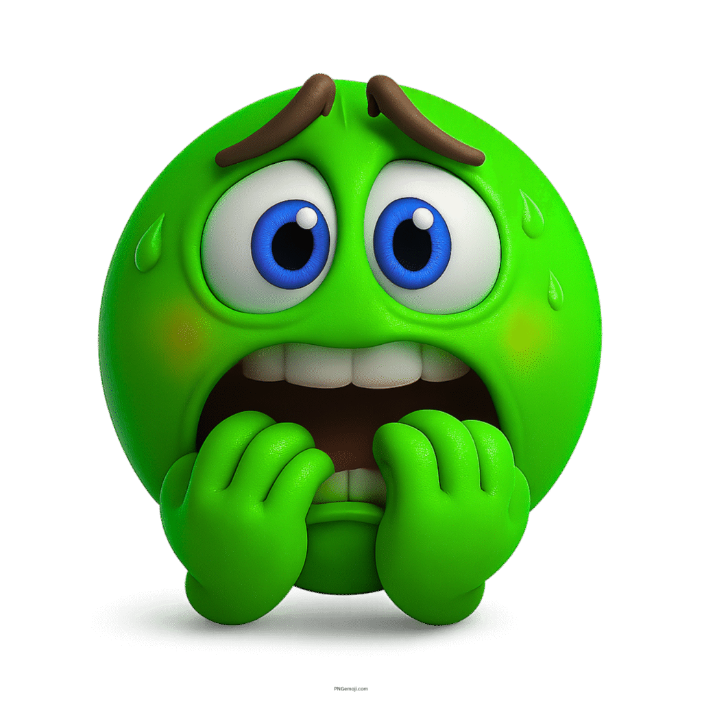 Green 3D scared emoji biting nails with wide blue eyes and sweat drop