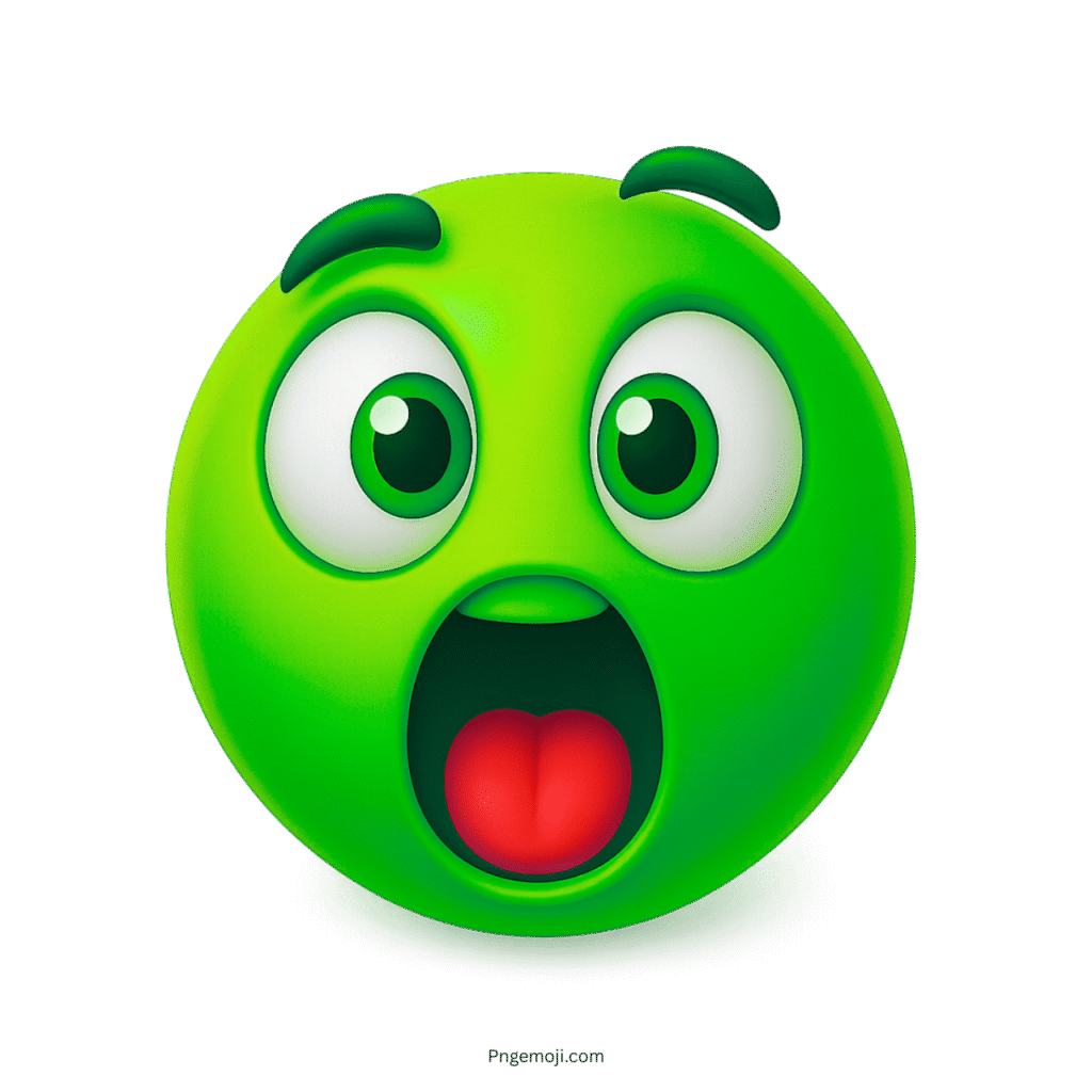 Bright green shocked emoji with wide eyes and red open mouth