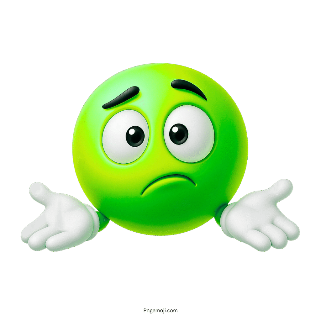 3D green shrug emoji with puzzled face and raised white-gloved hands on transparent background
