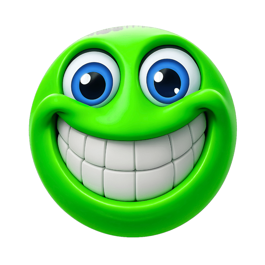 Green emoji face with big toothy smile and wide shiny blue cartoon eyes