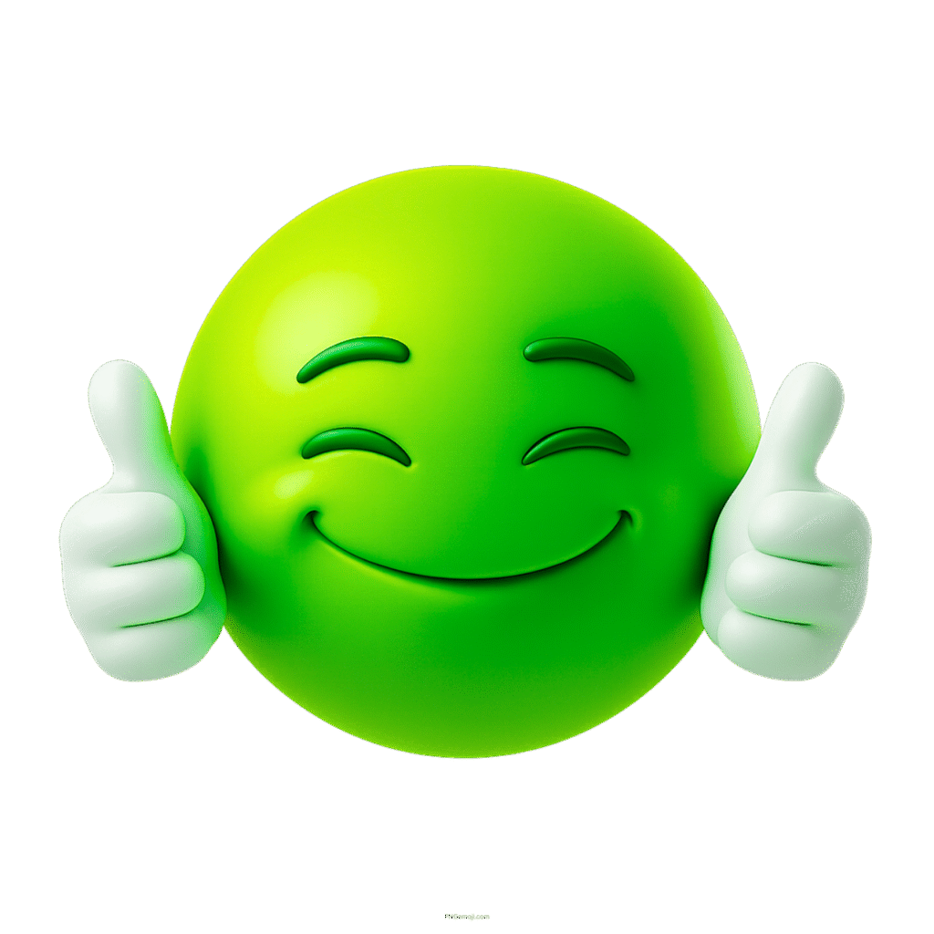Green smiley face emoji giving two thumbs up with a happy, hugging expression