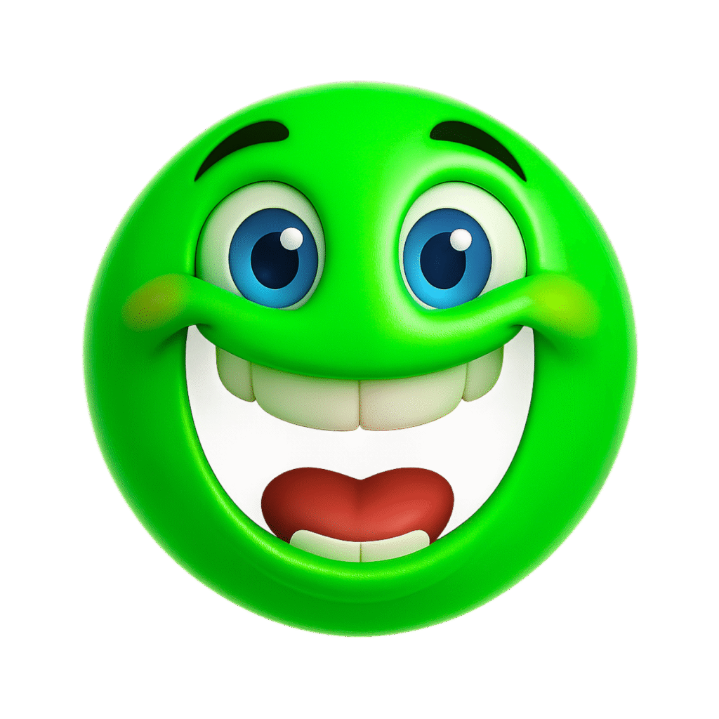 3D green emoji cartoon with big goofy smile, blue eyes, and happy expression