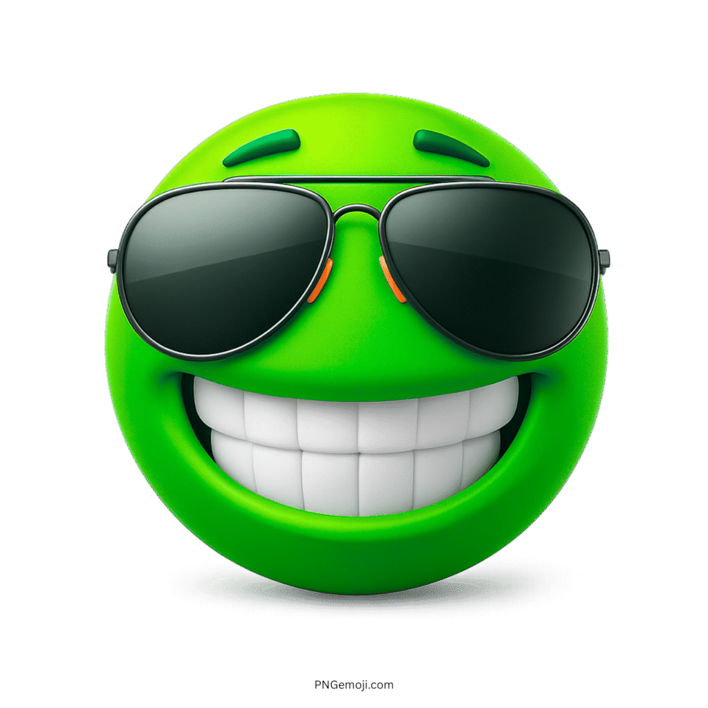 Green 3D smiling face emoji wearing sunglasses with bright white grin and confidence