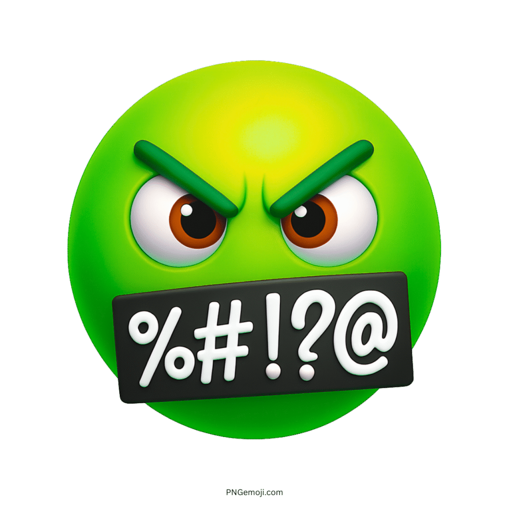 Green angry emoji with censored mouth and white swear symbols showing frustration