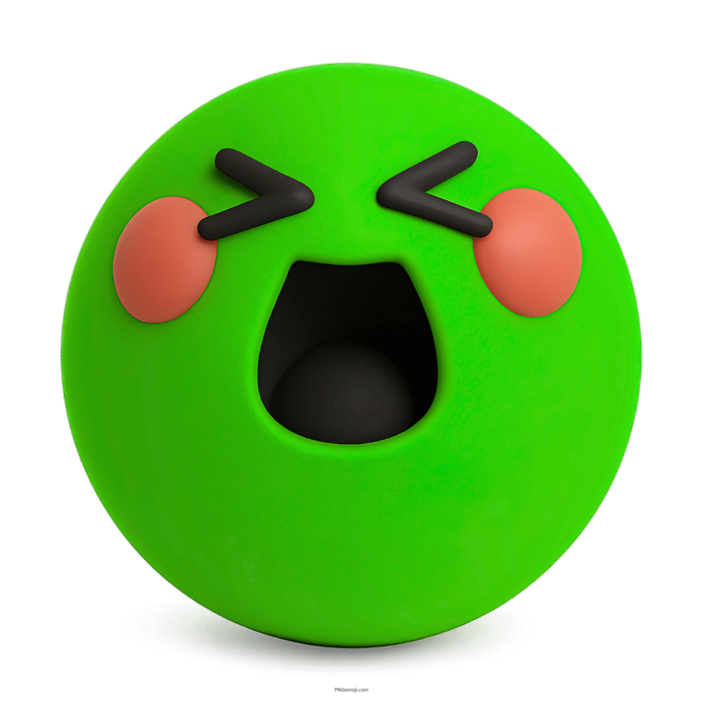 3D green TikTok happy emoji with funny face, blushing cheeks, excited expression