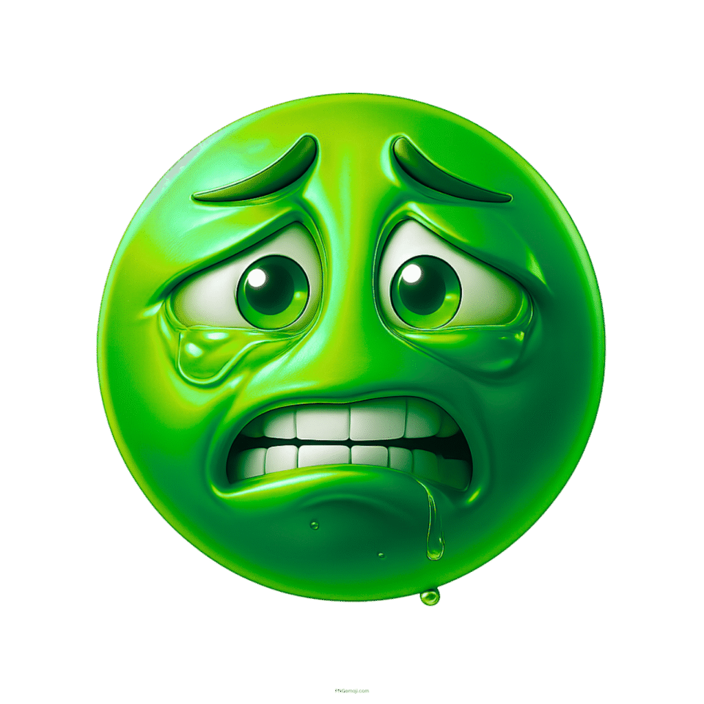 Green weary face emoji showing anxiety, stress, sadness, and emotional panic with tears