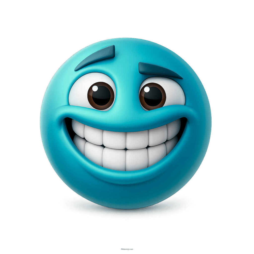 3D aqua blue emoji with big white smile and cartoon-style eyes