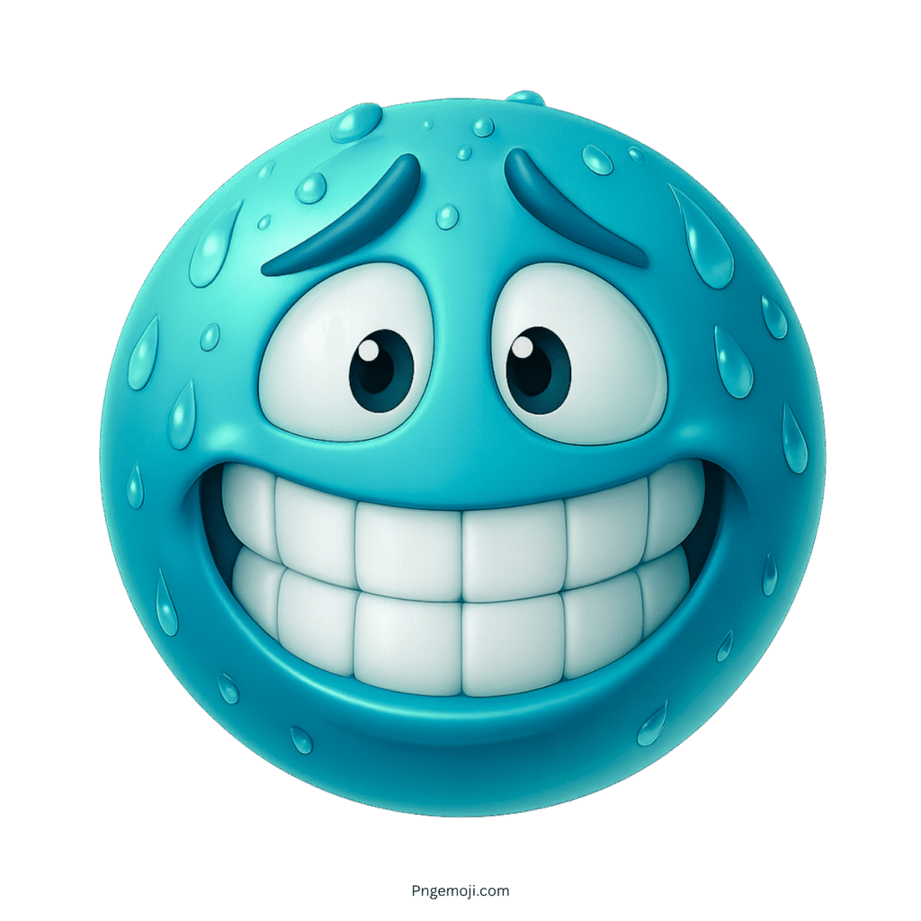 3D teal emoji with wide nervous grin and sweat droplets on glossy face